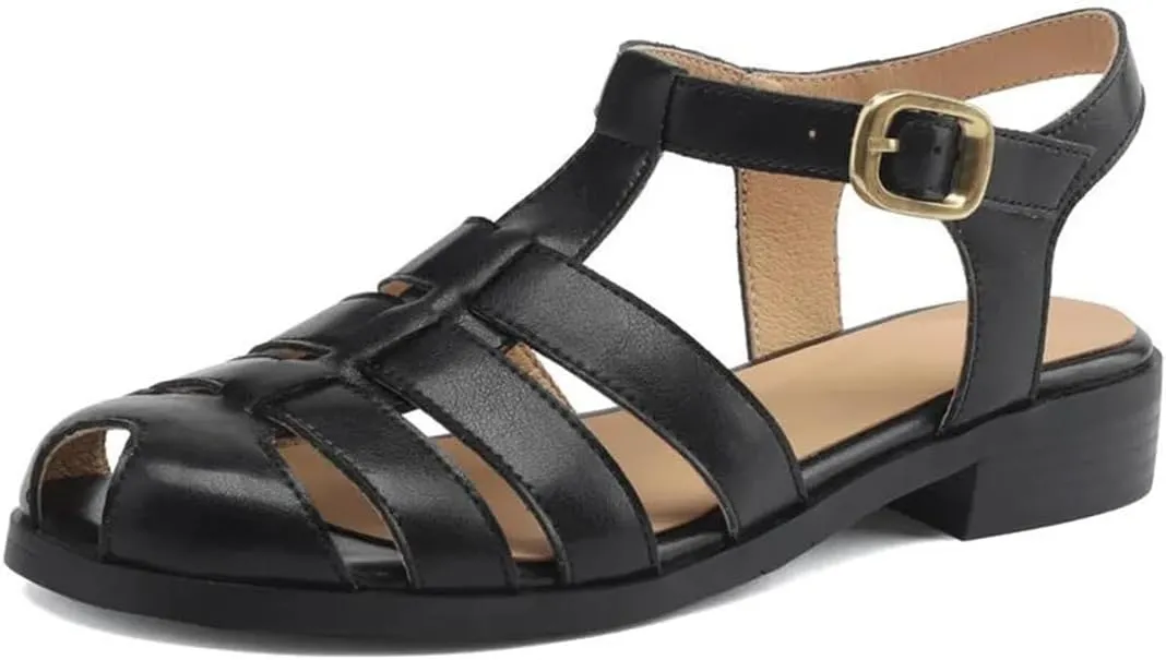 Womens Buckle Strap Back Strap Flat Heel Open Side Vamp Basic Sandals Genuine Leather Ankle Strap Summer Sandals