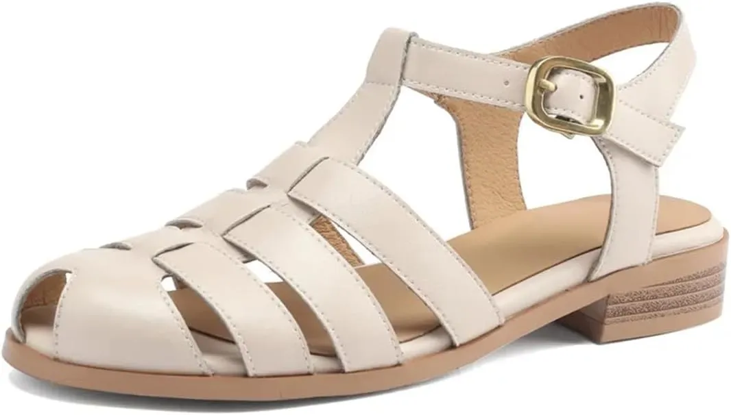 Womens Buckle Strap Back Strap Flat Heel Open Side Vamp Basic Sandals Genuine Leather Ankle Strap Summer Sandals