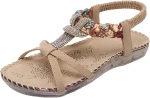 Womens Buckle Strap Back Strap Flat Heel Open Side Vamp Gladiator Sandals PU Upper Rhinestone Bohemian Ethnic Beach Casual Sandals