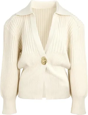 Women's Cardigan V-Neck Lapel Long Sleeve Knitted Cropped Casual Sweater with Metal Button 2025