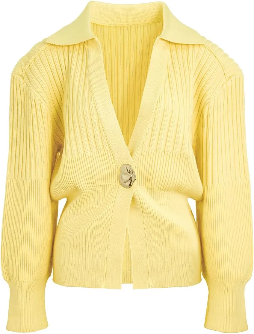 Women's Cardigan V-Neck Lapel Long Sleeve Knitted Cropped Casual Sweater with Metal Button 2025