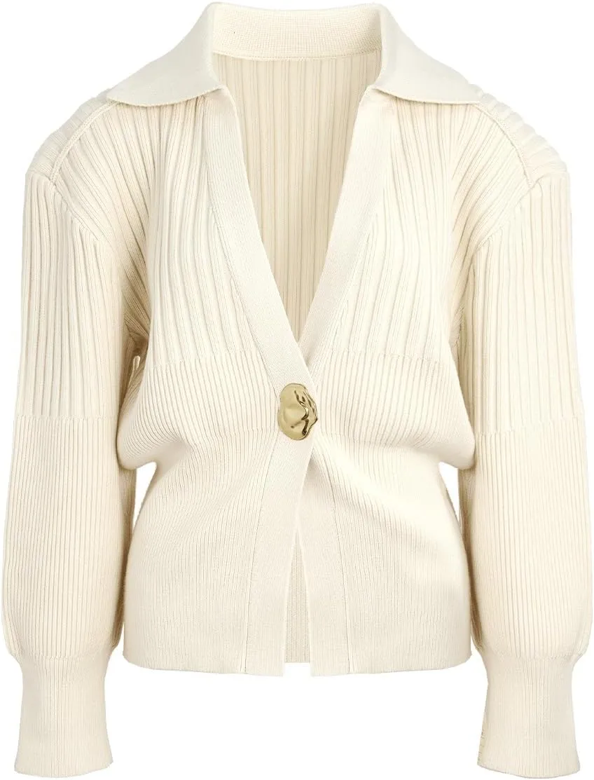 Women's Cardigan V-Neck Lapel Long Sleeve Knitted Cropped Casual Sweater with Metal Button 2025