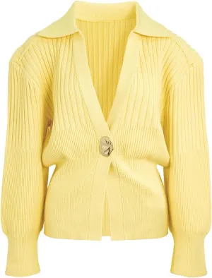 Women's Cardigan V-Neck Lapel Long Sleeve Knitted Cropped Casual Sweater with Metal Button 2025