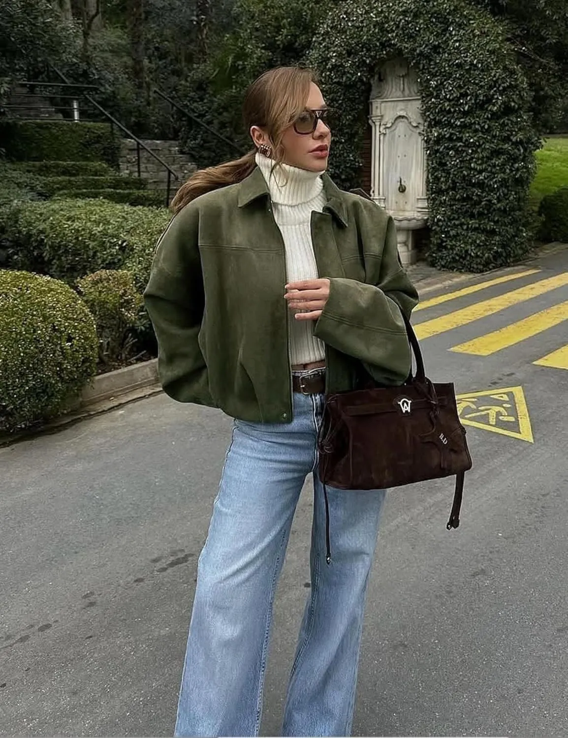 Women's Cropped Faux Suede Bomber Jacket Fall Casual Oversized Shacket Coat Long Sleeve Trendy Outerwear