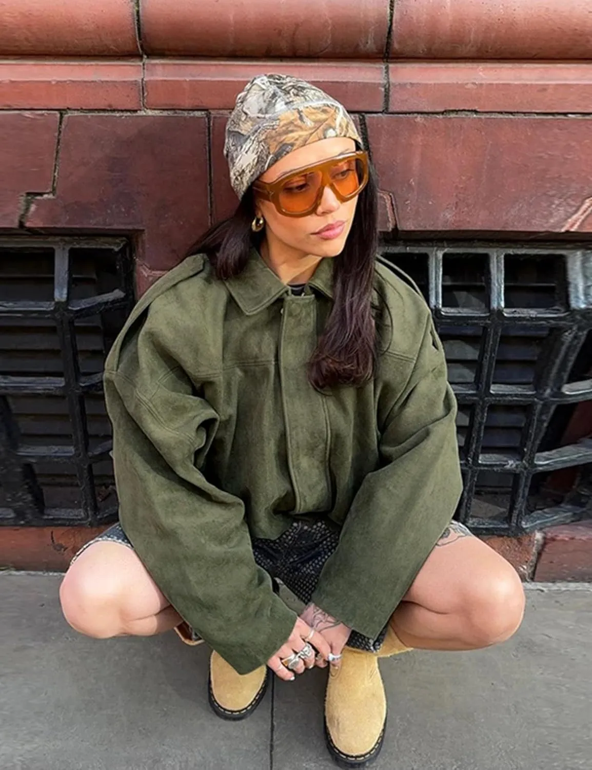 Women's Cropped Faux Suede Bomber Jacket Fall Casual Oversized Shacket Coat Long Sleeve Trendy Outerwear