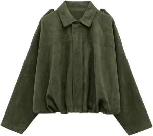 Women's Cropped Faux Suede Bomber Jacket Fall Casual Oversized Shacket Coat Long Sleeve Trendy Outerwear