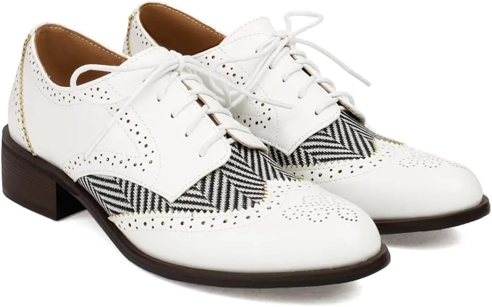 Women's Flat Low Heel Saddle Oxford Shoes Two Toned Wingtip Perforated Lace Up School Uniform Oxfords Brogues