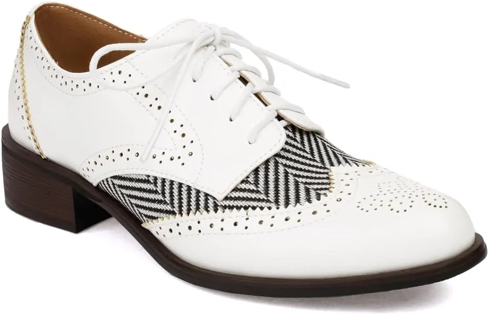 Women's Flat Low Heel Saddle Oxford Shoes Two Toned Wingtip Perforated Lace Up School Uniform Oxfords Brogues