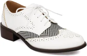 Women's Flat Low Heel Saddle Oxford Shoes Two Toned Wingtip Perforated Lace Up School Uniform Oxfords Brogues