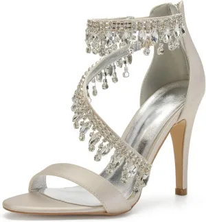 Women's Formal Wedding Sandals for Women High Stilettos for Bride Rhinestones Open Toe Heels Strappy Bridal Shoes