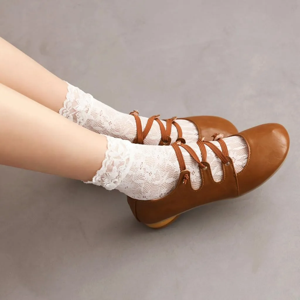 Women's Girls Mary Janes Ballet Flats Round Toe Comfort Elastic Slip On Ballerina Dress Walking Shoes