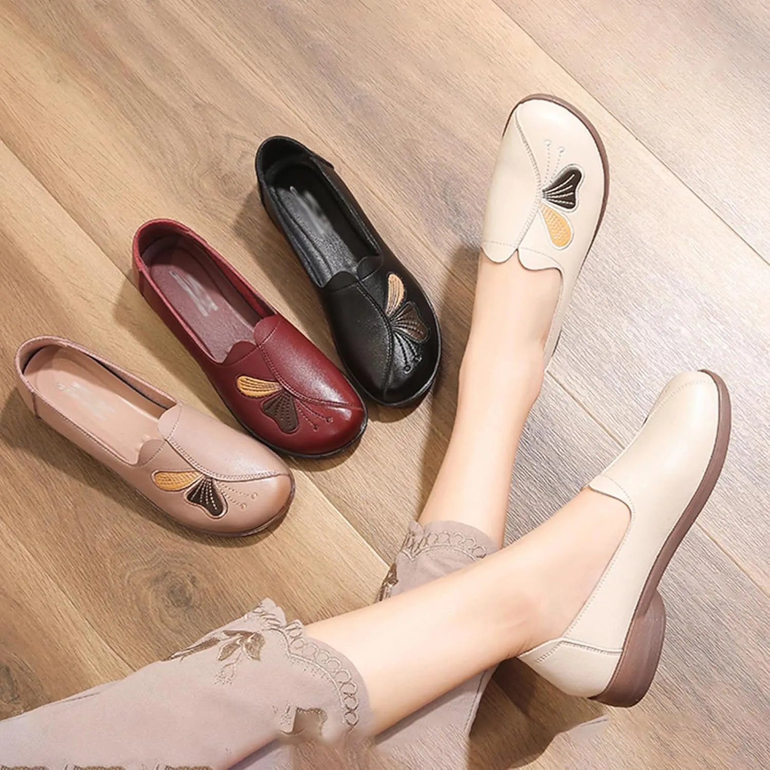 Women's Slip on Comfort Casual Leather Shoes,Vintage Cute Bow Embroidery Non-Slip Softsole Dress Walking Loafers