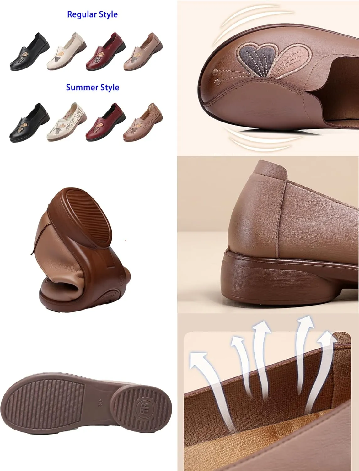Women's Slip on Comfort Casual Leather Shoes,Vintage Cute Bow Embroidery Non-Slip Softsole Dress Walking Loafers