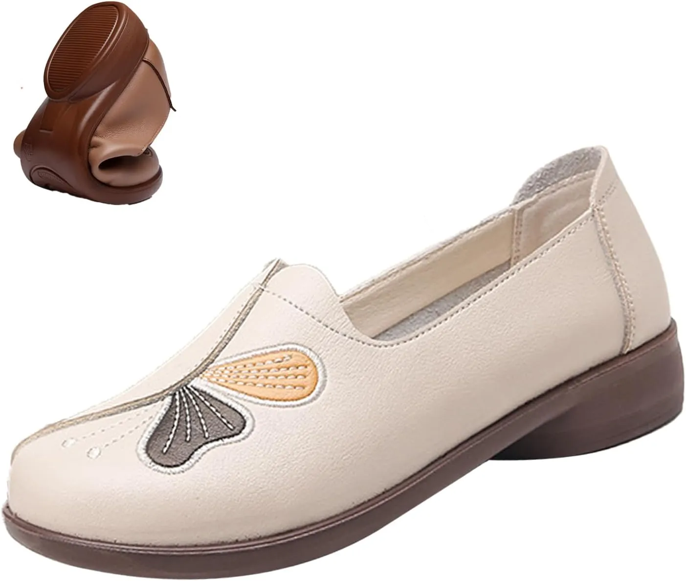 Women's Slip on Comfort Casual Leather Shoes,Vintage Cute Bow Embroidery Non-Slip Softsole Dress Walking Loafers
