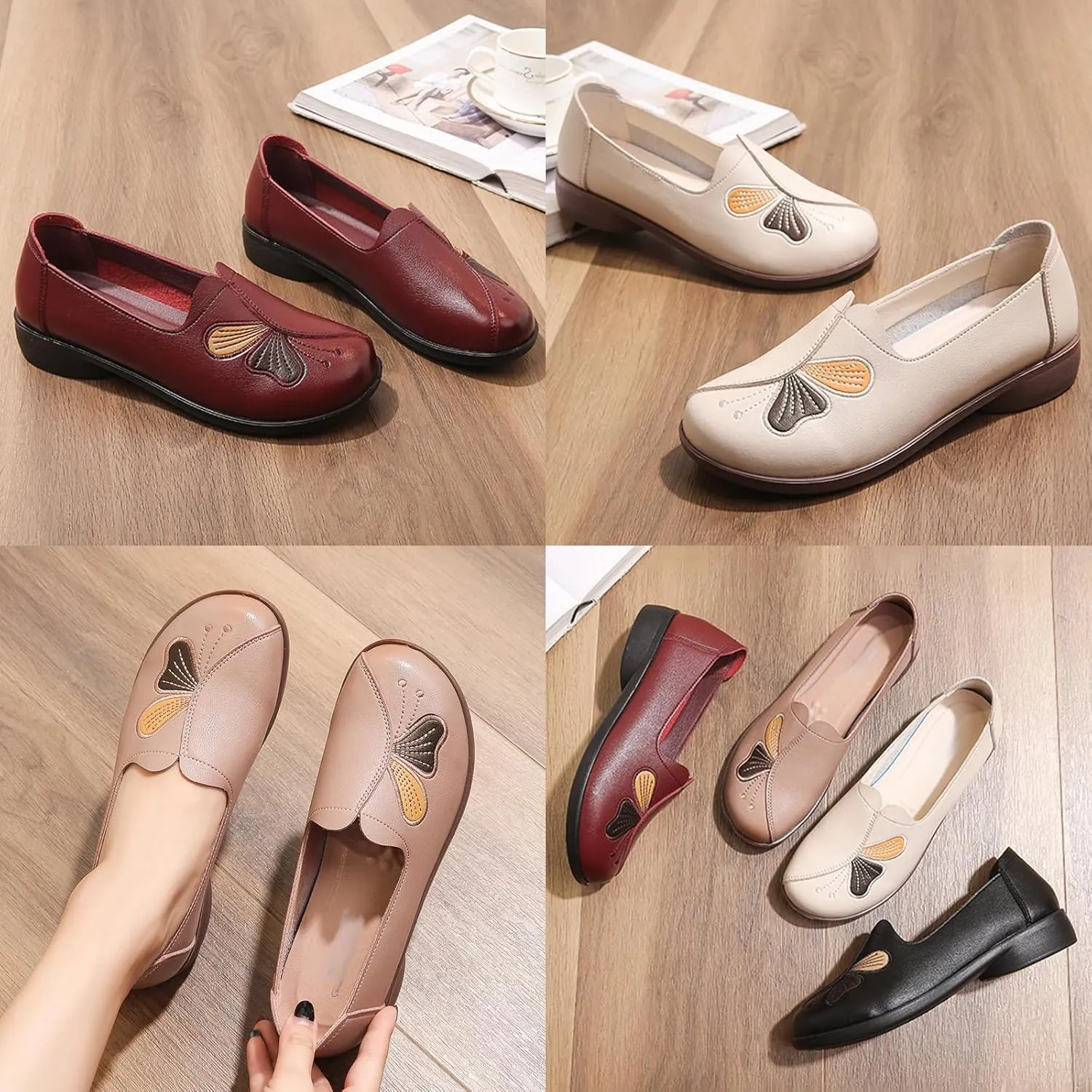 Women's Slip on Comfort Casual Leather Shoes,Vintage Cute Bow Embroidery Non-Slip Softsole Dress Walking Loafers