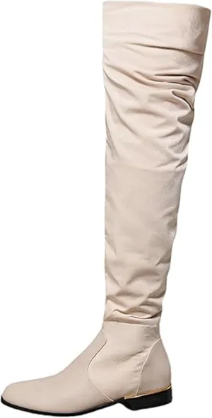 Women's Suede Over The Knee Flat Boots Fashion Splice Round Toe Stretch Side Zipper Boots Comfortable Waterproof Non Slip Outdoor Shoes