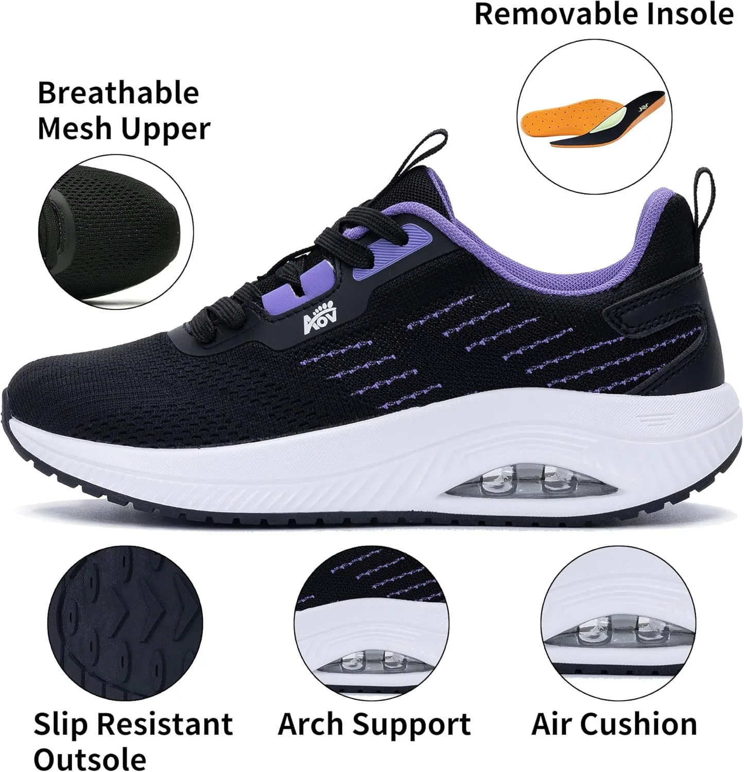 Women's Walking Shoes with Arch Support Orthotic Sneakers for Plantar Fasciitis Heel and Foot Pain Relief Tennis PurpleBlack Size 9.5