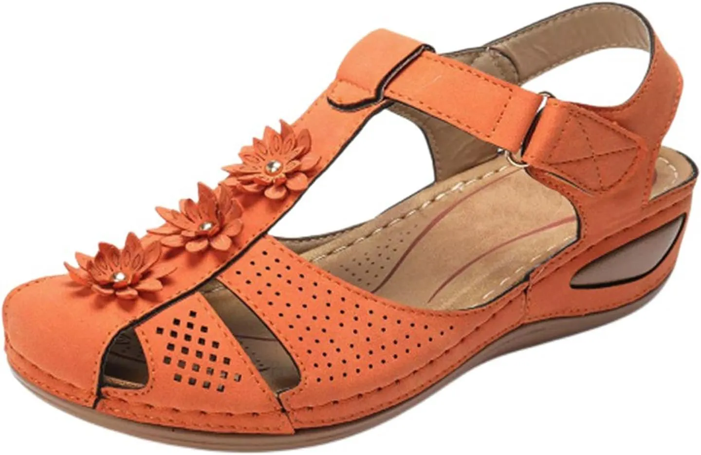 Womens Wedge Sandals Dressy Flower Bohemia Gladiator Sandals, Comfortable Closed Toe Hollow Out Platform Wedges Summer Ankle Strap Slip On Orthopedic Sandal