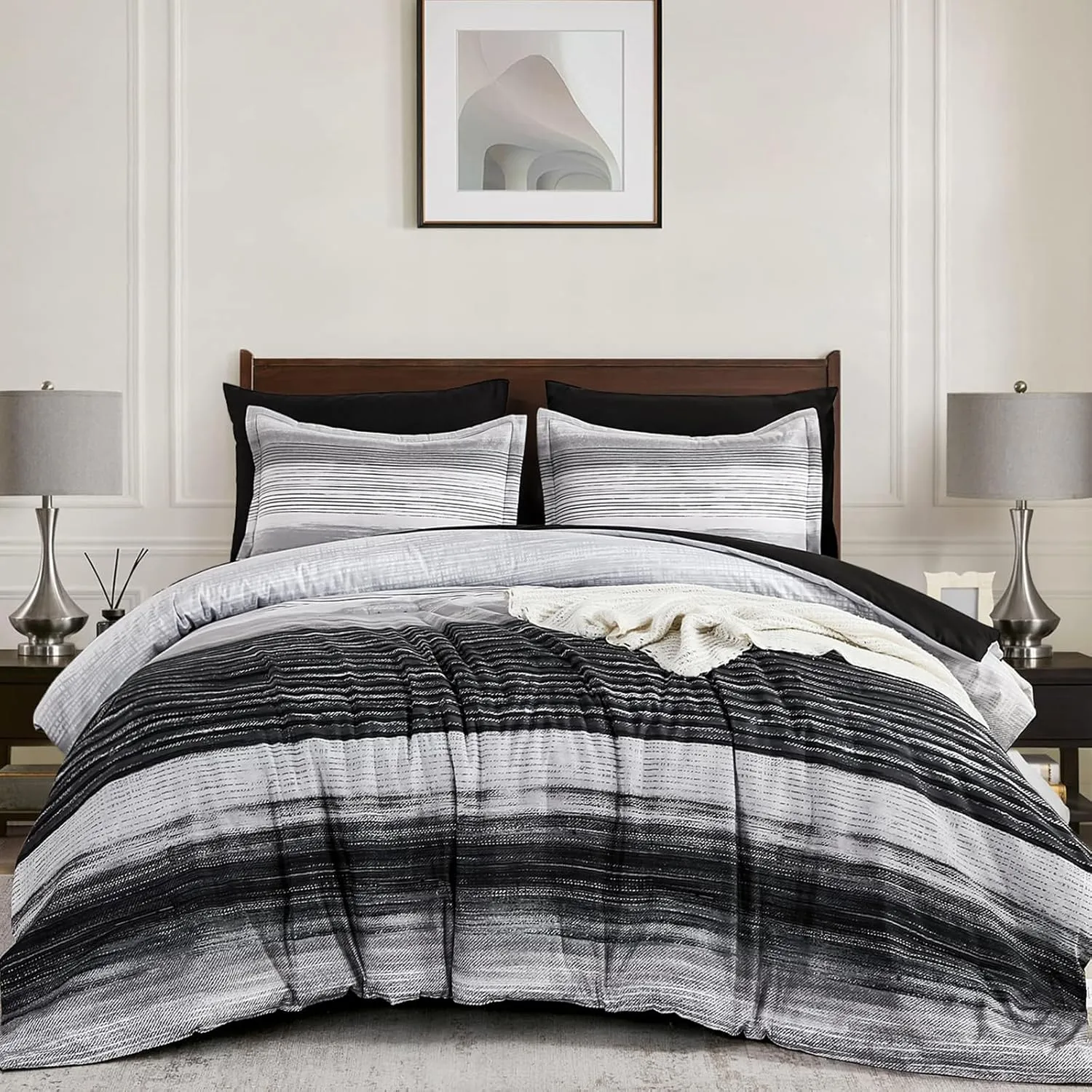 WONGS BEDDING Black King Comforter Set 7 Pieces, Striped Comforter Bedding Set for All Season, Ultra Soft King Size Bed in a Bag with Sheets, Pillowcases & Shams