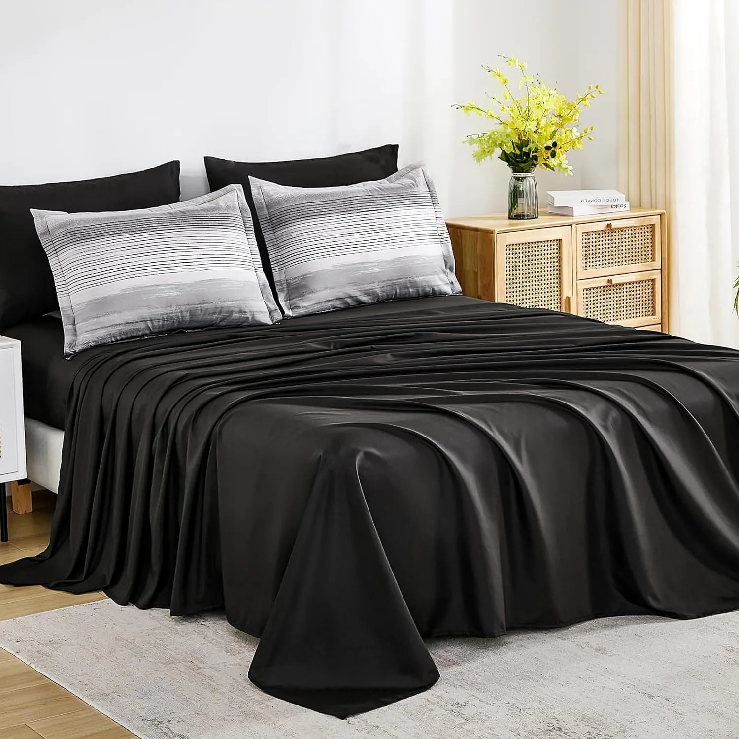 WONGS BEDDING Black King Comforter Set 7 Pieces, Striped Comforter Bedding Set for All Season, Ultra Soft King Size Bed in a Bag with Sheets, Pillowcases & Shams