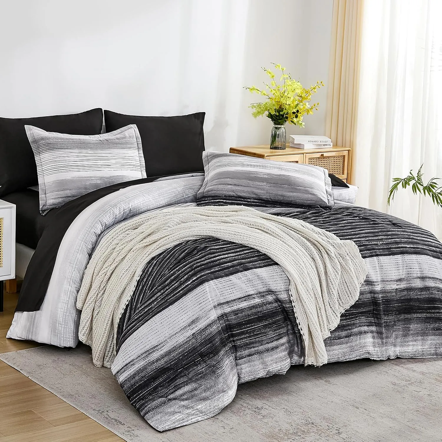 WONGS BEDDING Black King Comforter Set 7 Pieces, Striped Comforter Bedding Set for All Season, Ultra Soft King Size Bed in a Bag with Sheets, Pillowcases & Shams