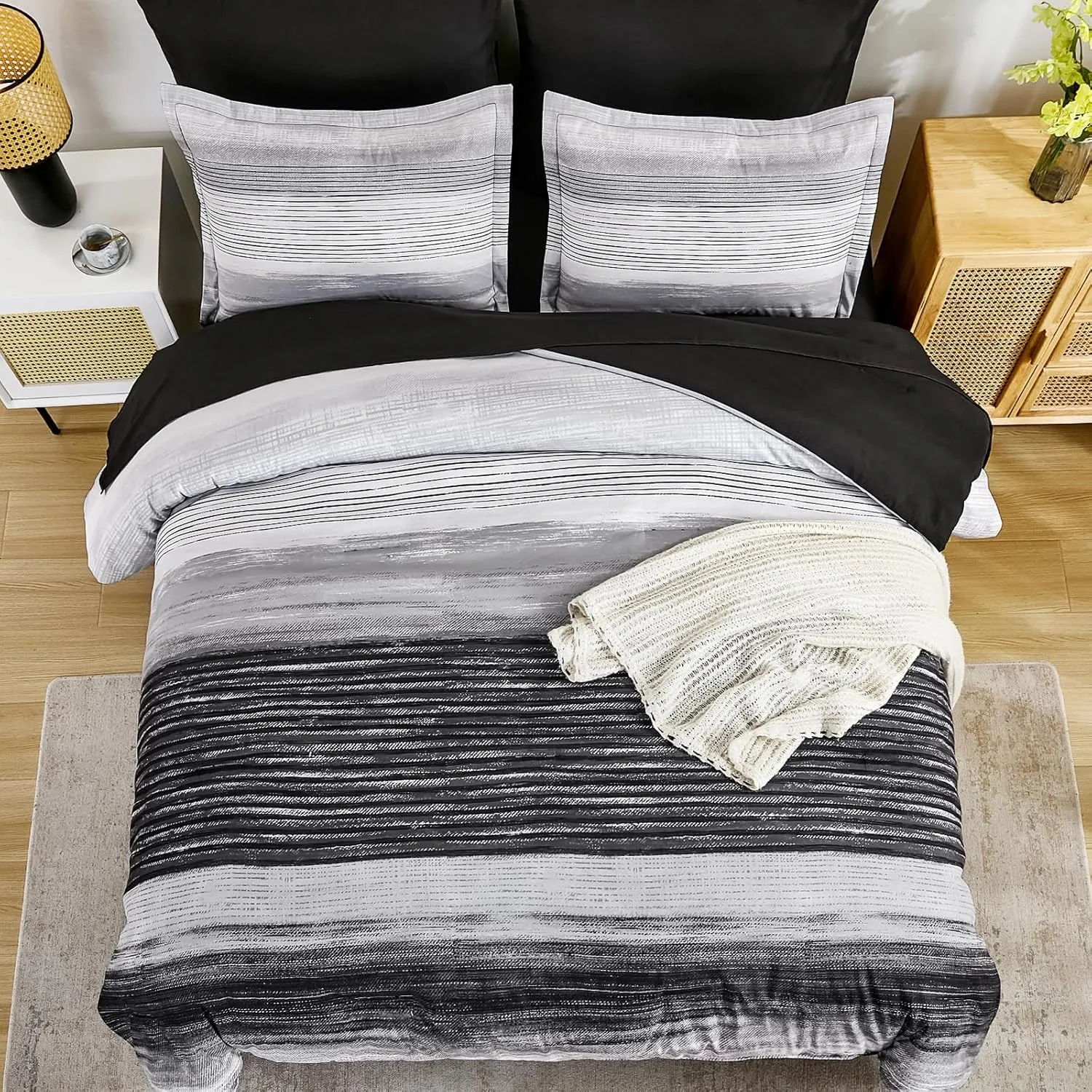 WONGS BEDDING Black King Comforter Set 7 Pieces, Striped Comforter Bedding Set for All Season, Ultra Soft King Size Bed in a Bag with Sheets, Pillowcases & Shams