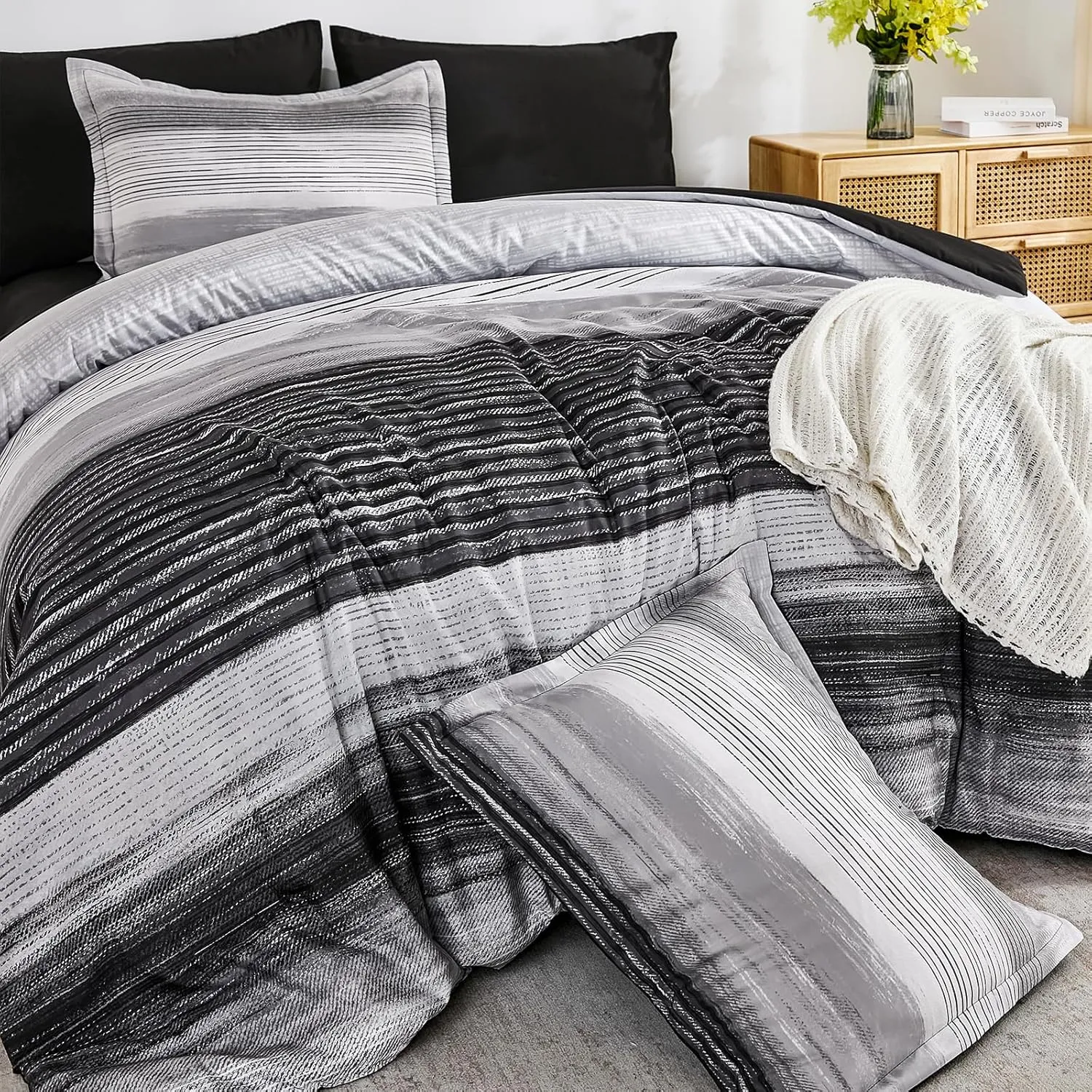 WONGS BEDDING Black King Comforter Set 7 Pieces, Striped Comforter Bedding Set for All Season, Ultra Soft King Size Bed in a Bag with Sheets, Pillowcases & Shams