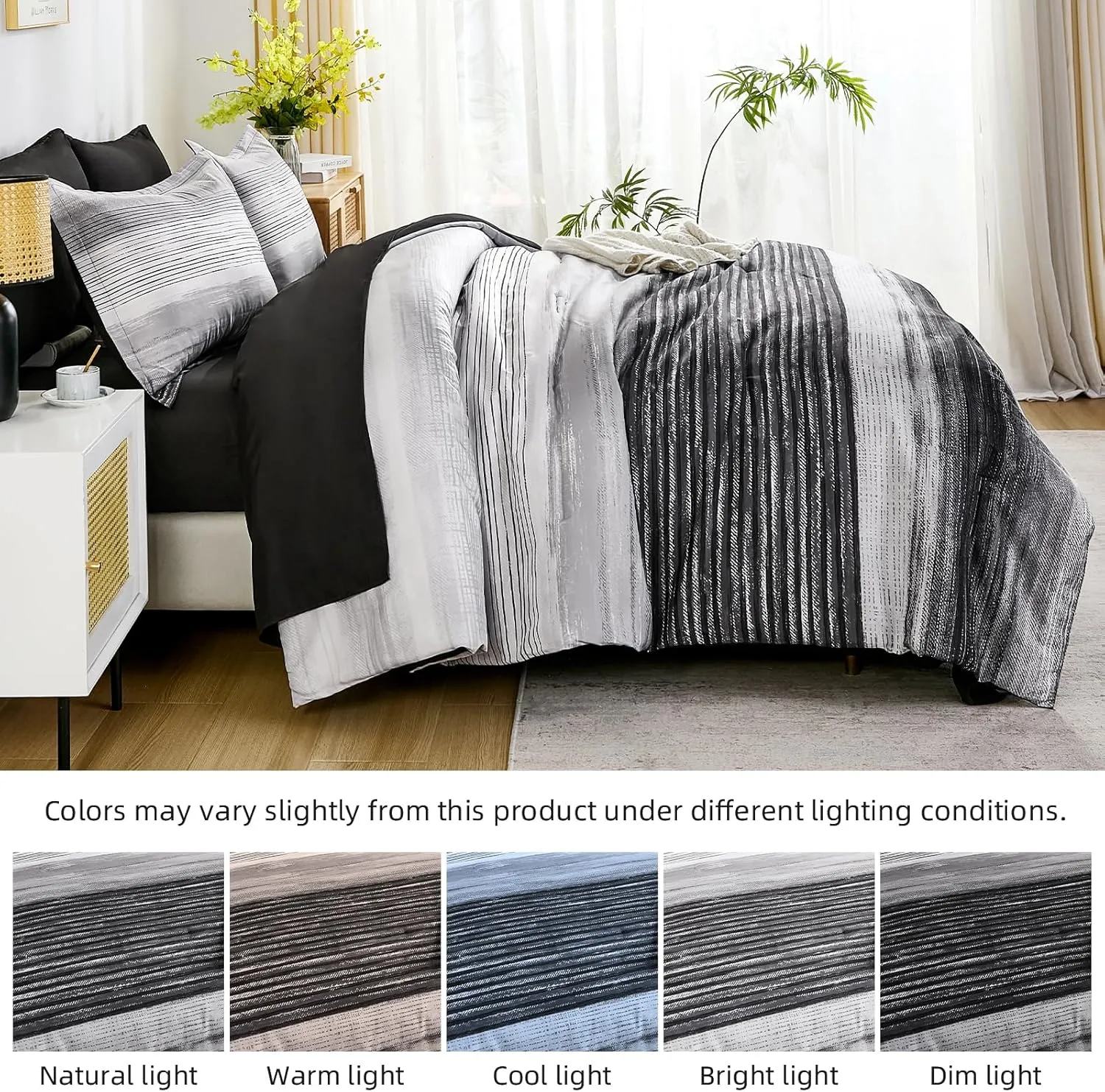 WONGS BEDDING Black King Comforter Set 7 Pieces, Striped Comforter Bedding Set for All Season, Ultra Soft King Size Bed in a Bag with Sheets, Pillowcases & Shams
