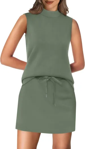 XIEERDUO Two Piece Skirt Sets for Women Summer Beach Vacation Outfits Mock Neck Tops Tennis Skirt Lounge Matching Sets