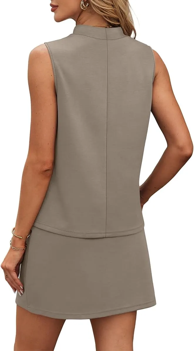 XIEERDUO Two Piece Skirt Sets for Women Summer Beach Vacation Outfits Mock Neck Tops Tennis Skirt Lounge Matching Sets