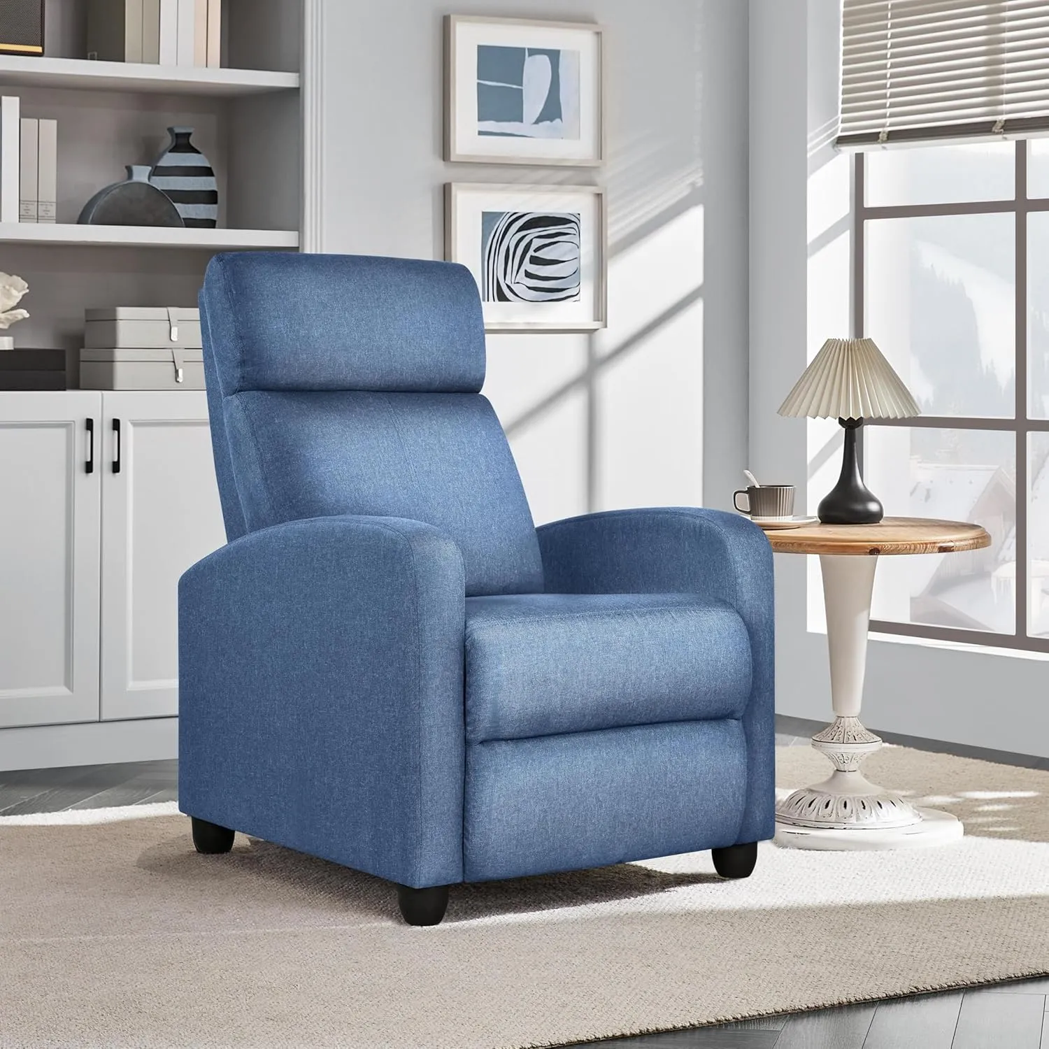 Yaheetech Fabric Recliner Chair Sofa Ergonomic Adjustable Single Sofa with Thicker Seat Cushion Modern Home Theater Seating for Living Room Light Blue