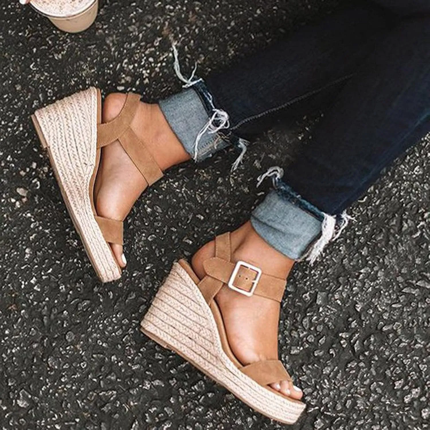 Yanzhenglip Wedge Sandals for Women Casual Summer Comfortable Bohemia Beach Sandals Open Toe Mid Chunky Heel Platform Shoes Sandal Open Toe Flower Beach Sandals Ankle Buckle (Brown-G, 6.5-7)