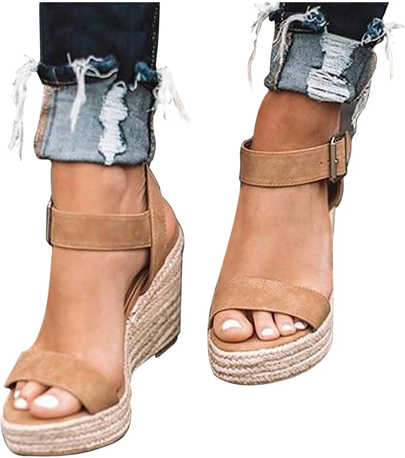 Yanzhenglip Wedge Sandals for Women Casual Summer Comfortable Bohemia Beach Sandals Open Toe Mid Chunky Heel Platform Shoes Sandal Open Toe Flower Beach Sandals Ankle Buckle (Brown-G, 6.5-7)