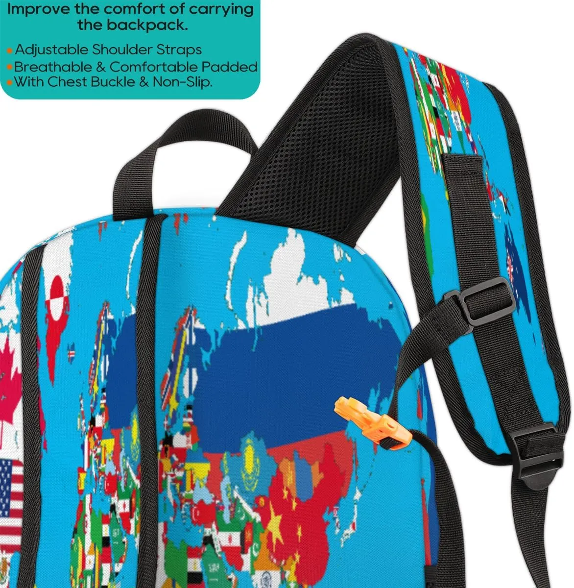 Yzrwebo World Map Backpack for Women Men World Country Flag Lightweight Backpack with Multiple Pockets Laptop iPad Tablet Travel Sports Bag Casual Daypack Backpack Adjustable Shoulder Straps