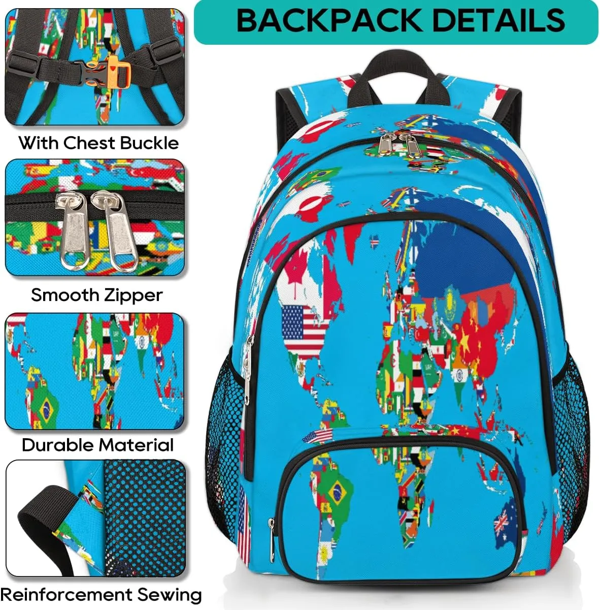 Yzrwebo World Map Backpack for Women Men World Country Flag Lightweight Backpack with Multiple Pockets Laptop iPad Tablet Travel Sports Bag Casual Daypack Backpack Adjustable Shoulder Straps