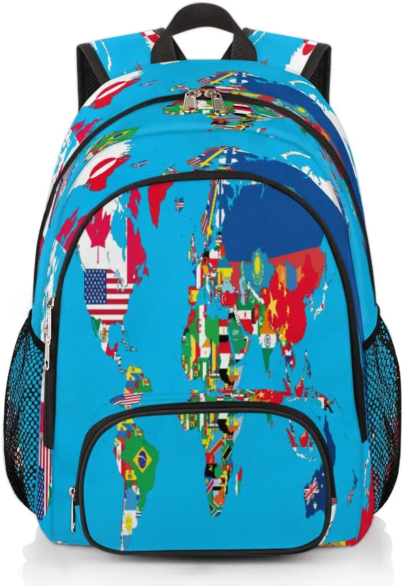 Yzrwebo World Map Backpack for Women Men World Country Flag Lightweight Backpack with Multiple Pockets Laptop iPad Tablet Travel Sports Bag Casual Daypack Backpack Adjustable Shoulder Straps