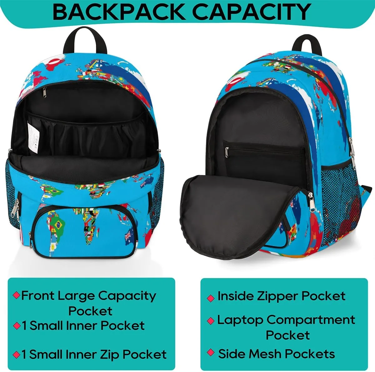 Yzrwebo World Map Backpack for Women Men World Country Flag Lightweight Backpack with Multiple Pockets Laptop iPad Tablet Travel Sports Bag Casual Daypack Backpack Adjustable Shoulder Straps