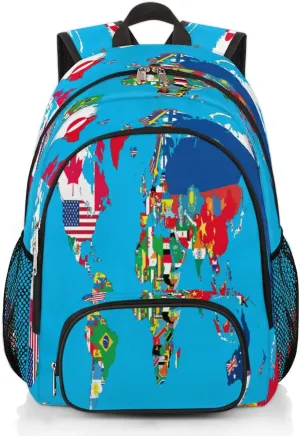 Yzrwebo World Map Backpack for Women Men World Country Flag Lightweight Backpack with Multiple Pockets Laptop iPad Tablet Travel Sports Bag Casual Daypack Backpack Adjustable Shoulder Straps